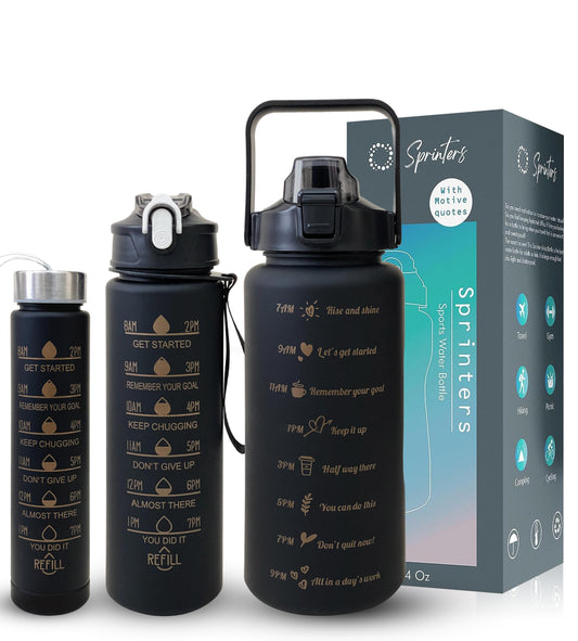 SPRINTERS - Large 2 Liters Water Bottle 64Oz BPA Free, Multicolor - Leak Proof With Straw, Motivational Quote And Time Marker, Anti Slip For Sport,Fitness, Gym, Picnic Outdoor( Black)