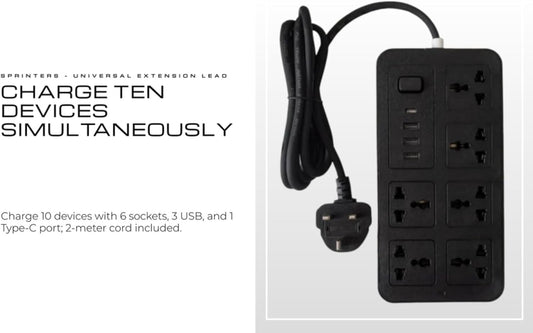 Sprinters - Universal Extension Socket | 2 Meter Wire | 6 AC Outlets | 3 USB Ports | 1 USB-C Port | UK Plug 3 Pin Socket Outlet | Surge Protector Power Strip for Home, Office, and Electronics (Black)